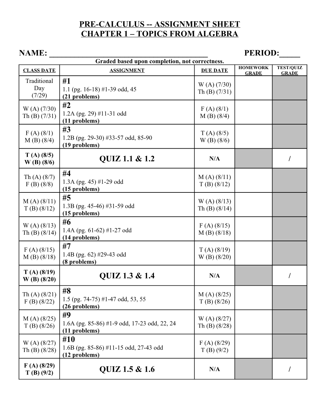 Chapter 1 Assignment Sheet