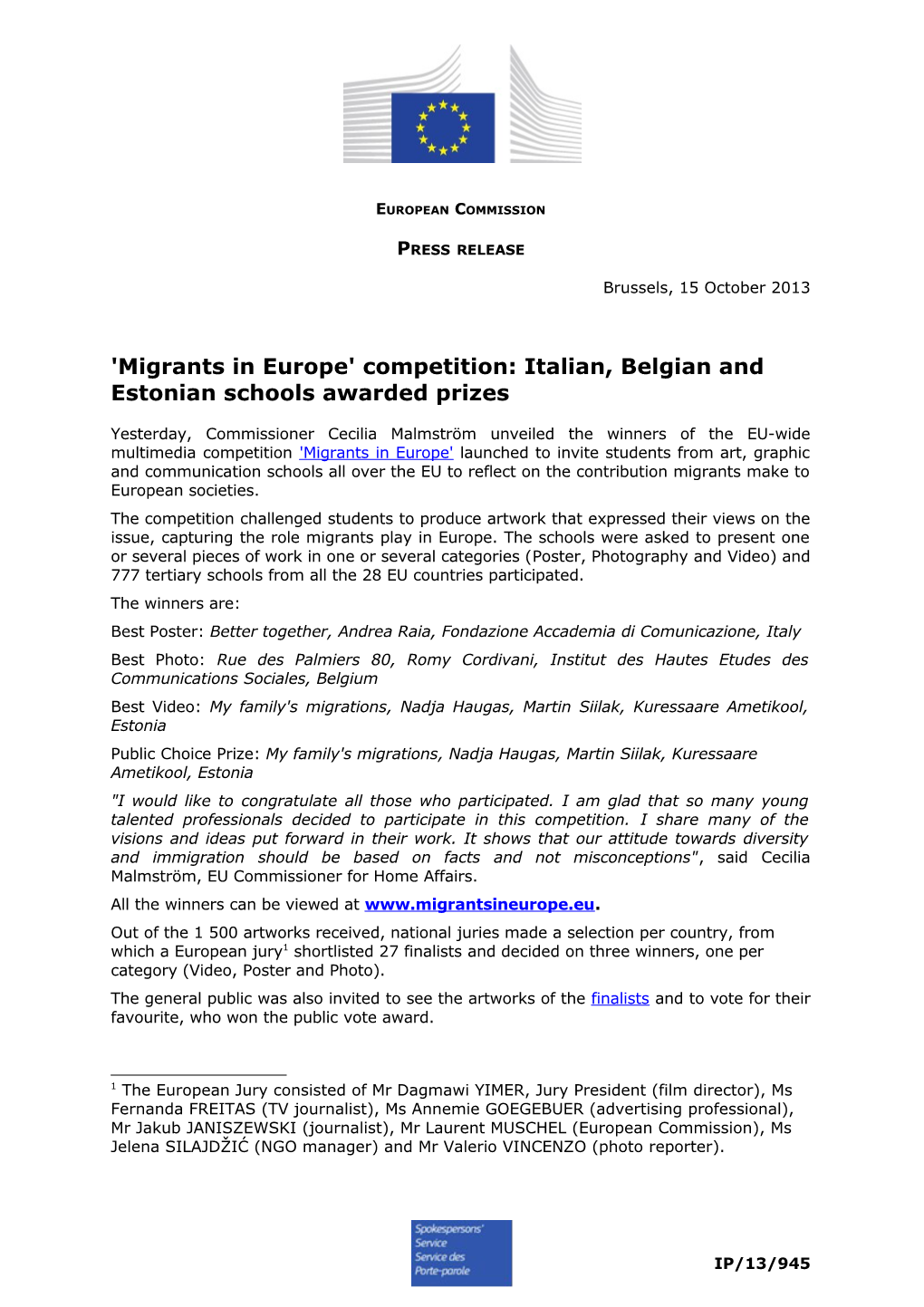 'Migrants in Europe' Competition: Italian, Belgian and Estonian Schools Awarded Prizes