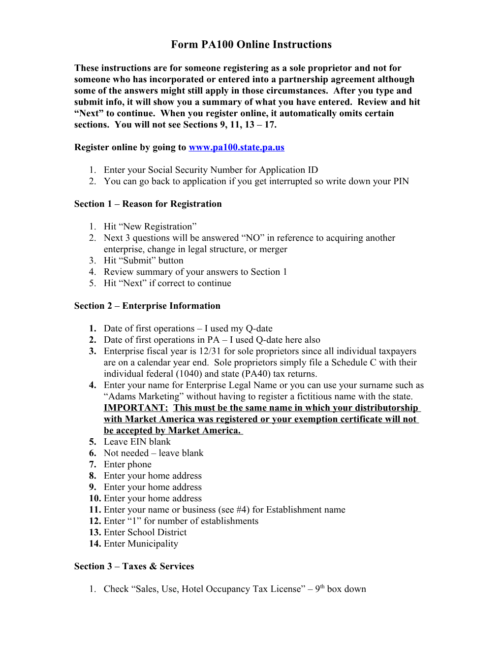 Form PA100 Online Instructions