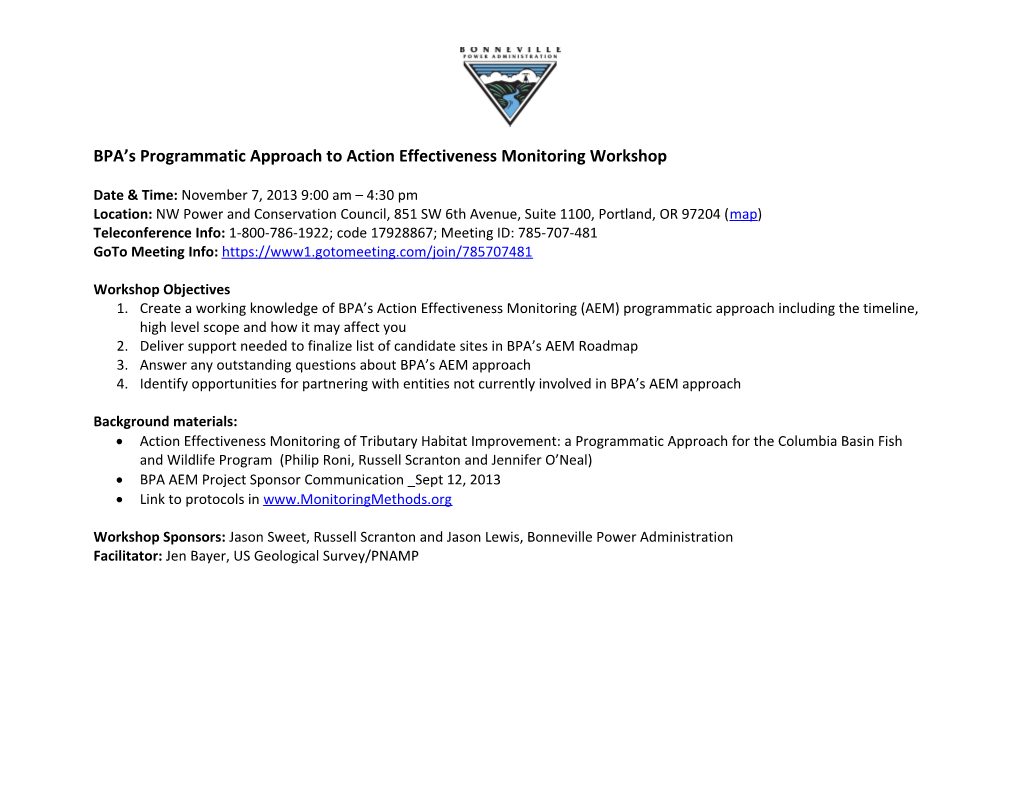 BPA S Programmatic Approach to Action Effectiveness Monitoring Workshop