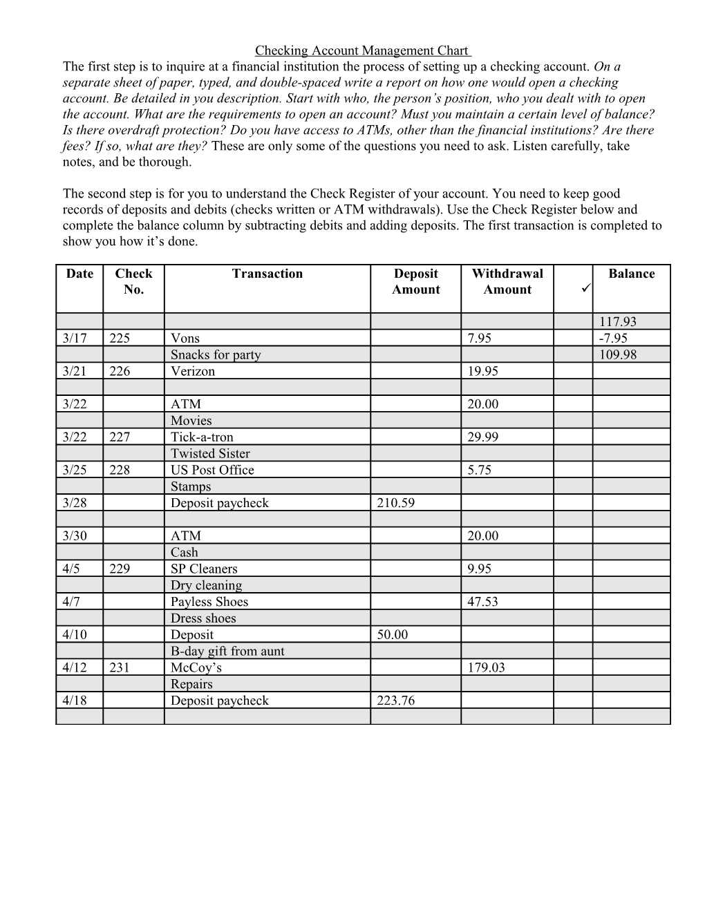 Checking Account Management Chart