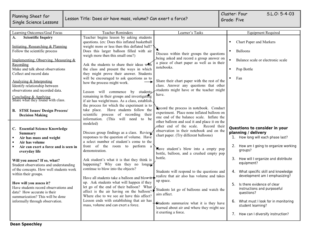 Planning Sheet for Single Science Lessons