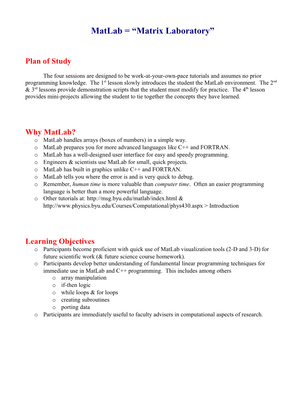 Matlab Programming Outline (A