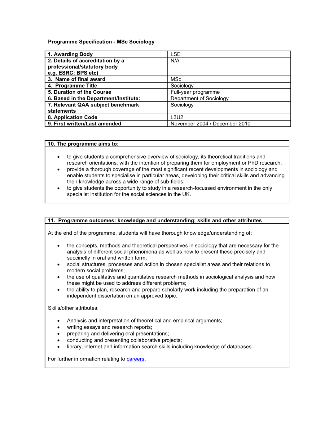 Programme Specification - Msc Sociology