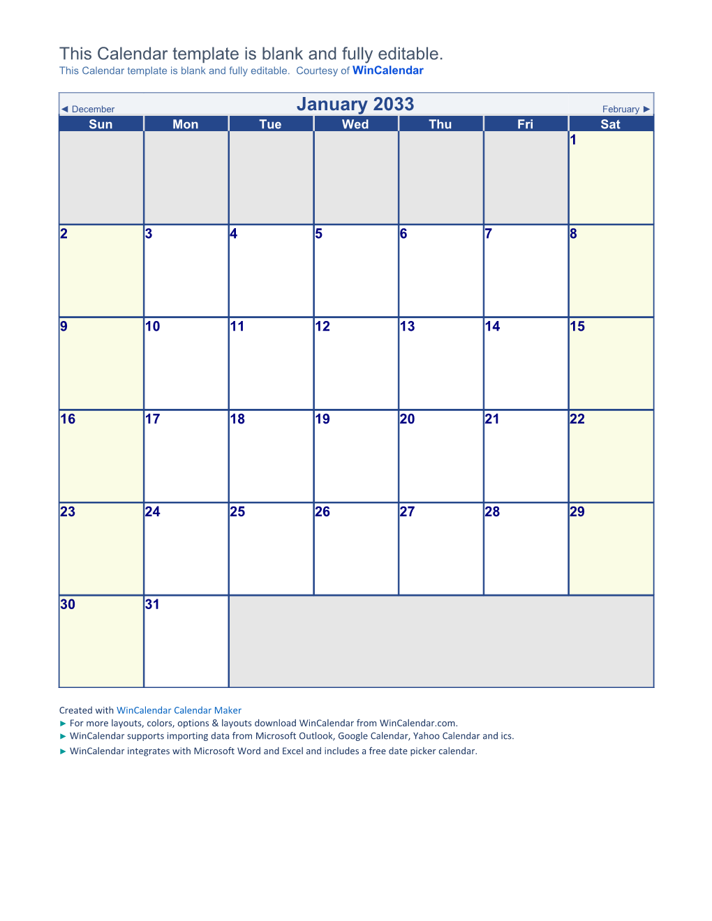 January 2033 Blank Calendar Printable Calendar