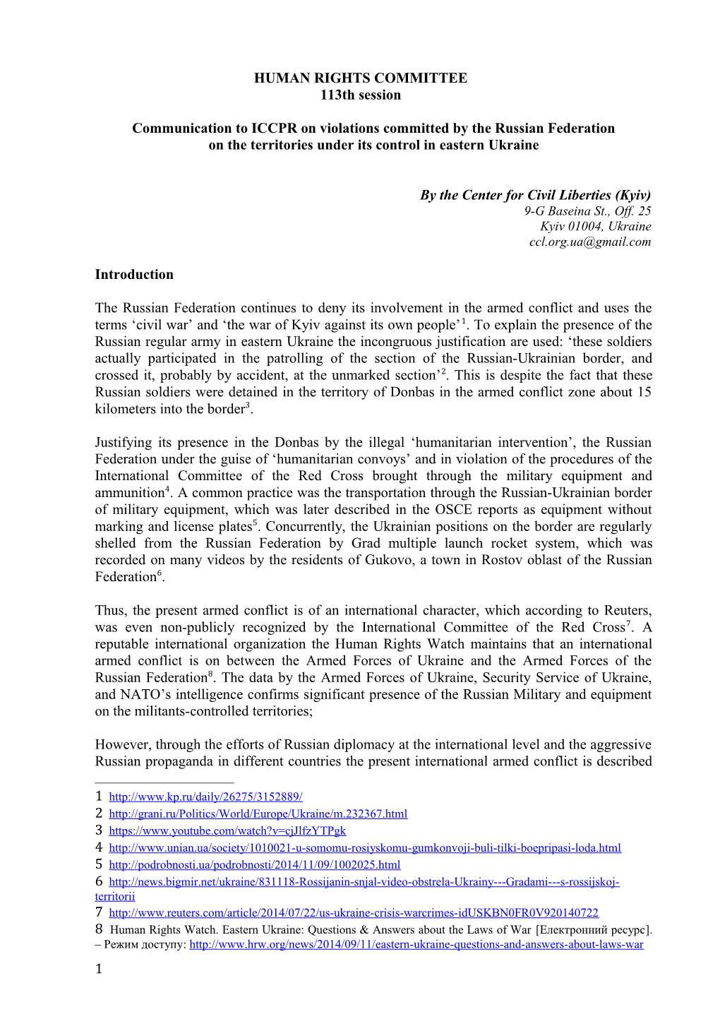 Communication to ICCPR on Violations Committed by the Russian Federation on the Territories