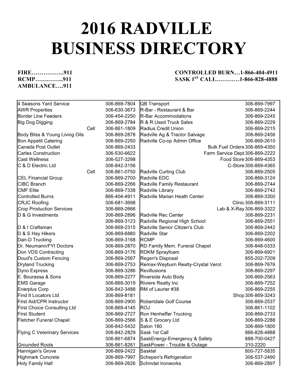 2016 Radville Business Directory
