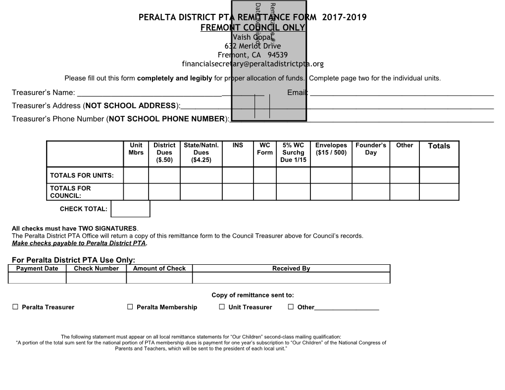 Peralta District Pta Remittance Form 2017-2019
