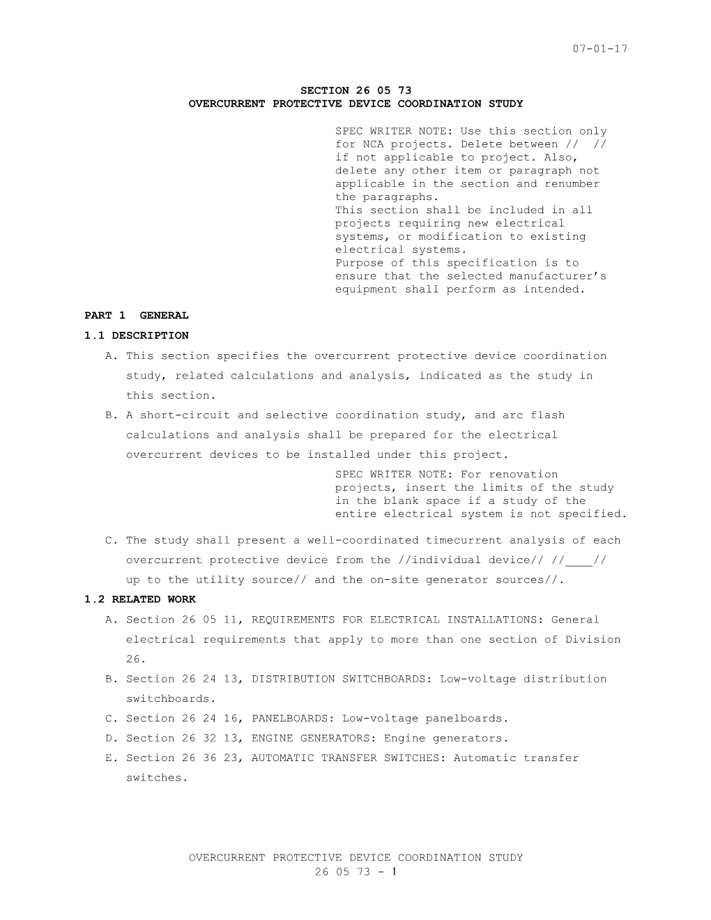 Section 26 05 73, Overcurrent Protective Device Coordination Study