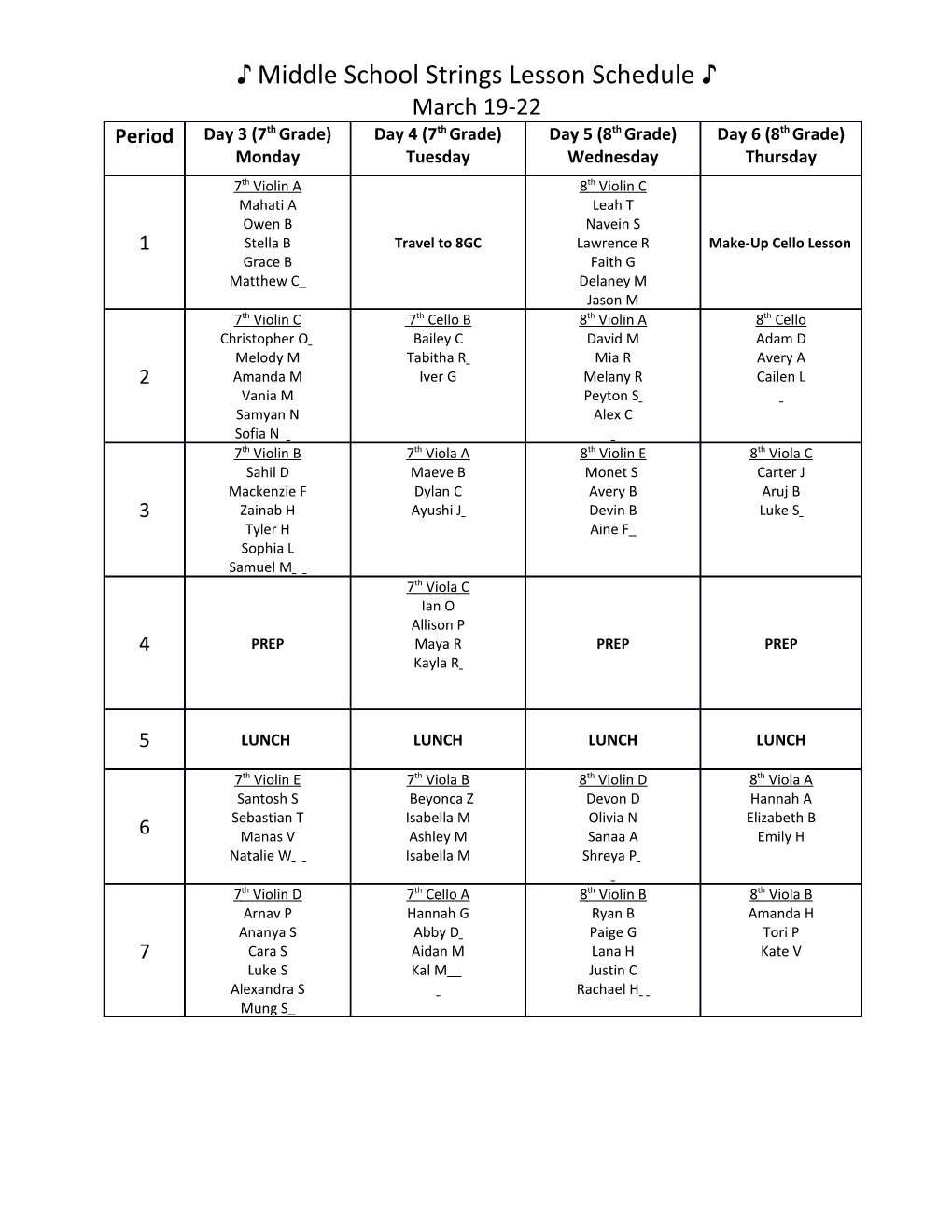 Middle School Strings Lesson Schedule