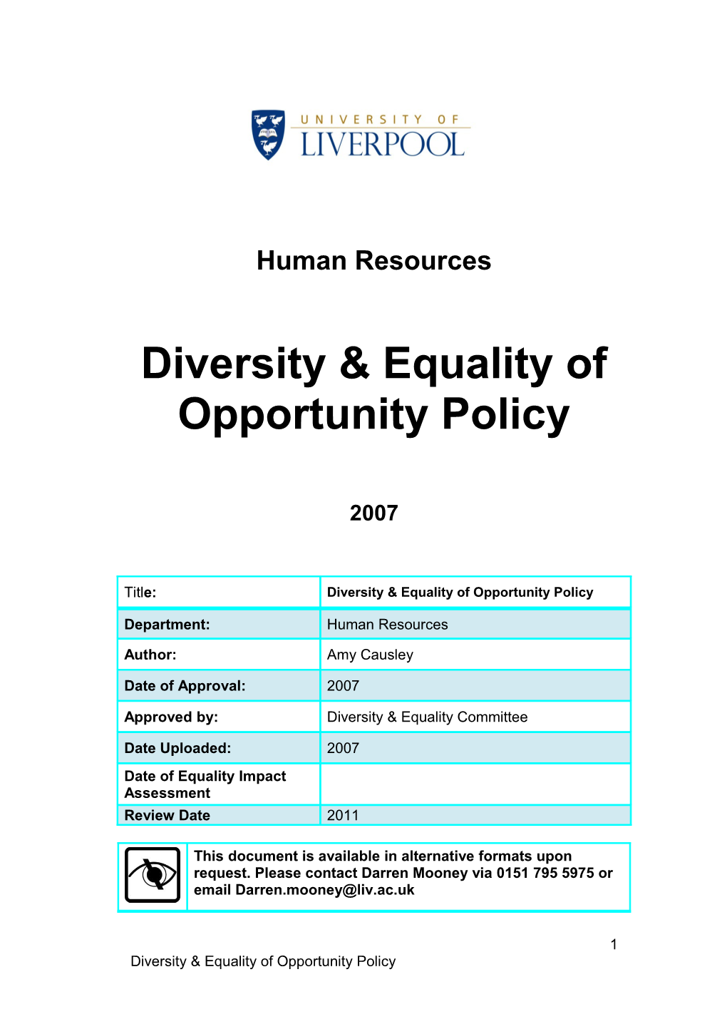 Diversity & Equality of Opportunity Policy