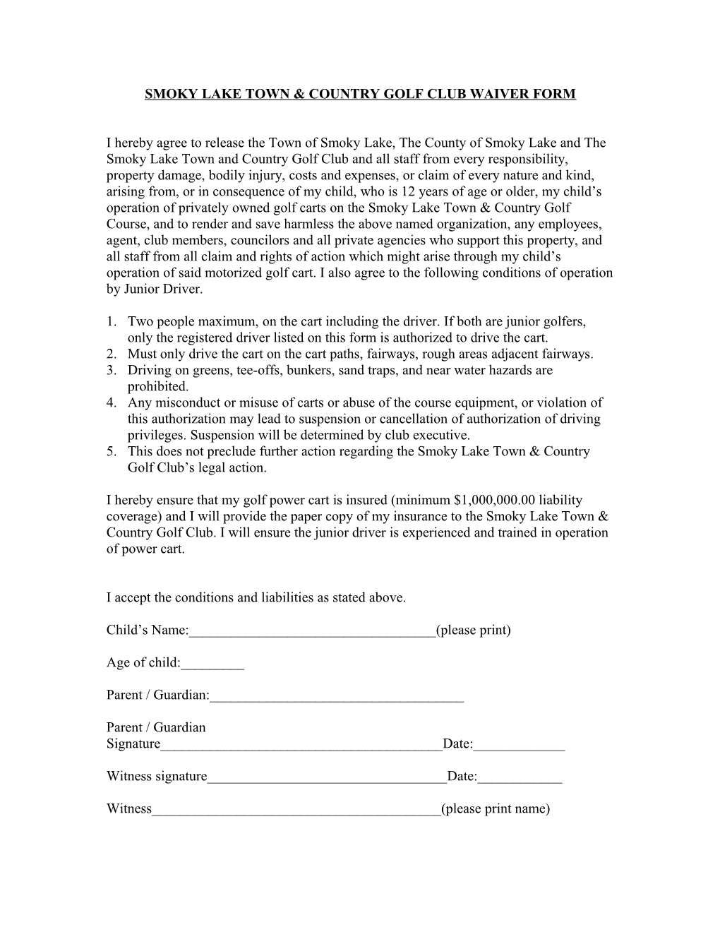 Smoky Lake Town & Country Golf Club Waiver Form