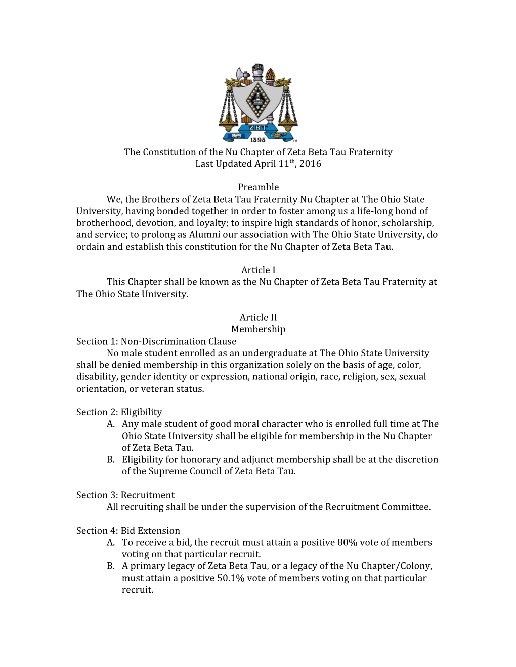 The Constitution of the Nu Chapter of Zeta Beta Tau Fraternity