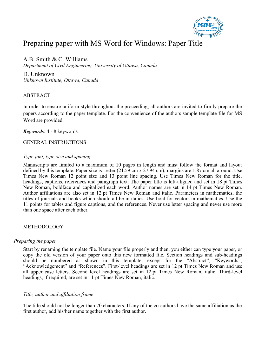 Preparing Paper with MS Word for Windows: Paper Title