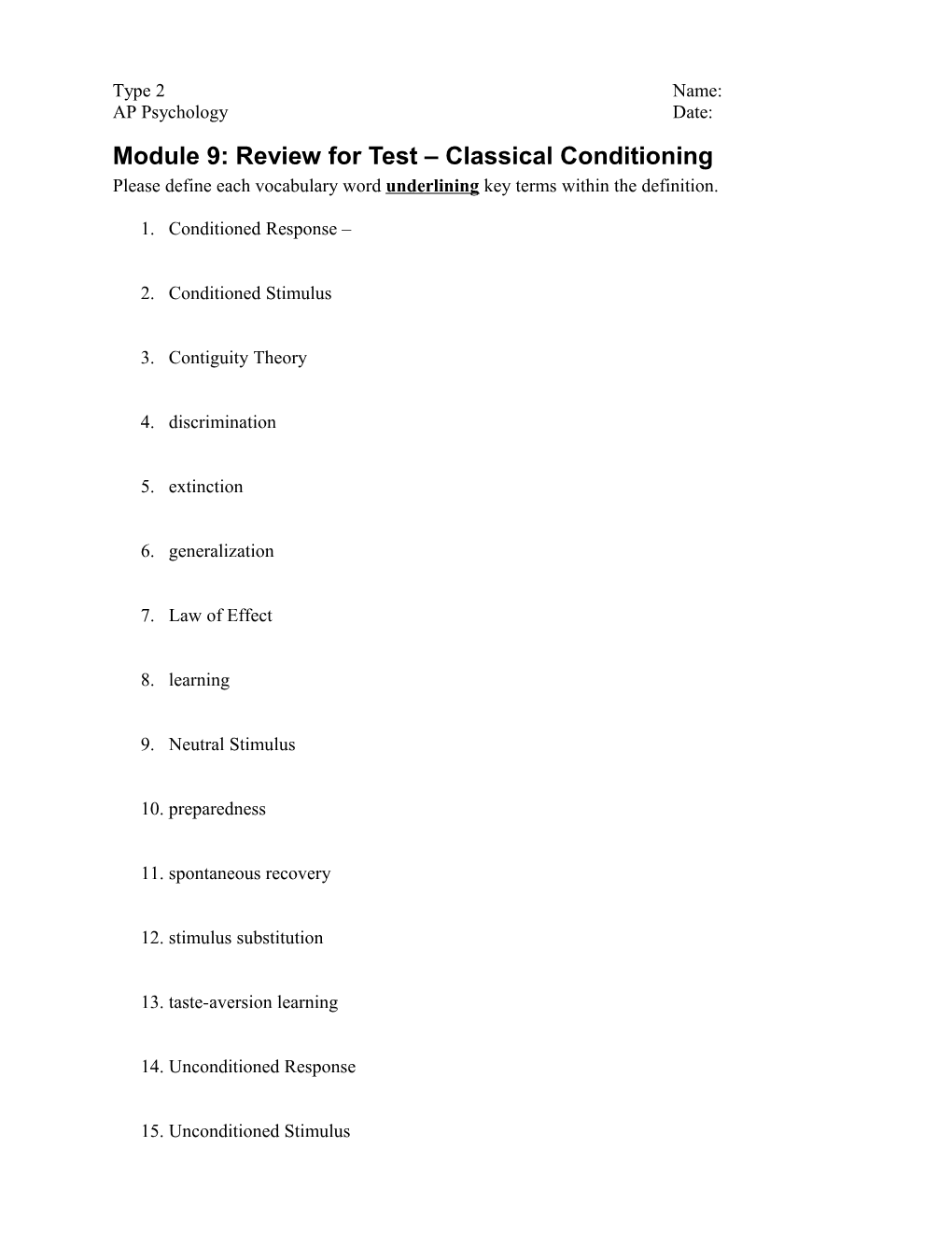Module 9: Review for Test Classical Conditioning