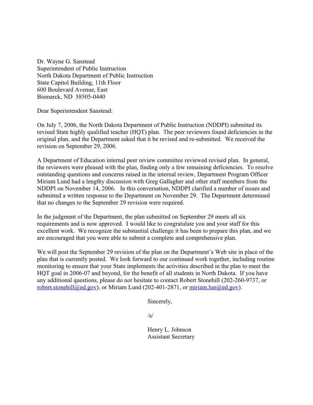 Letter Dated December 14, 2006 to North Dakota Chief State School Officer Regarding Approval