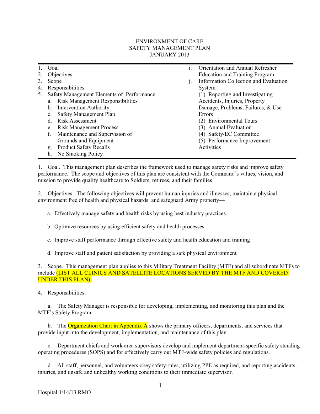 Medical Safety Template, 2013, HAS, EOC Safety Management Plan