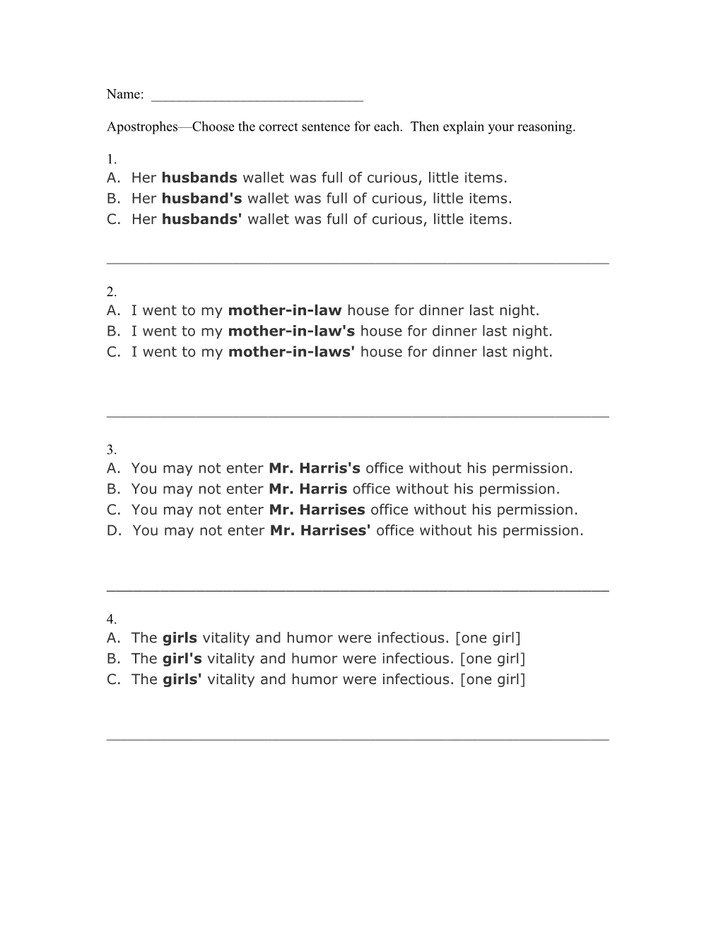 Apostrophes Choose the Correct Sentence for Each