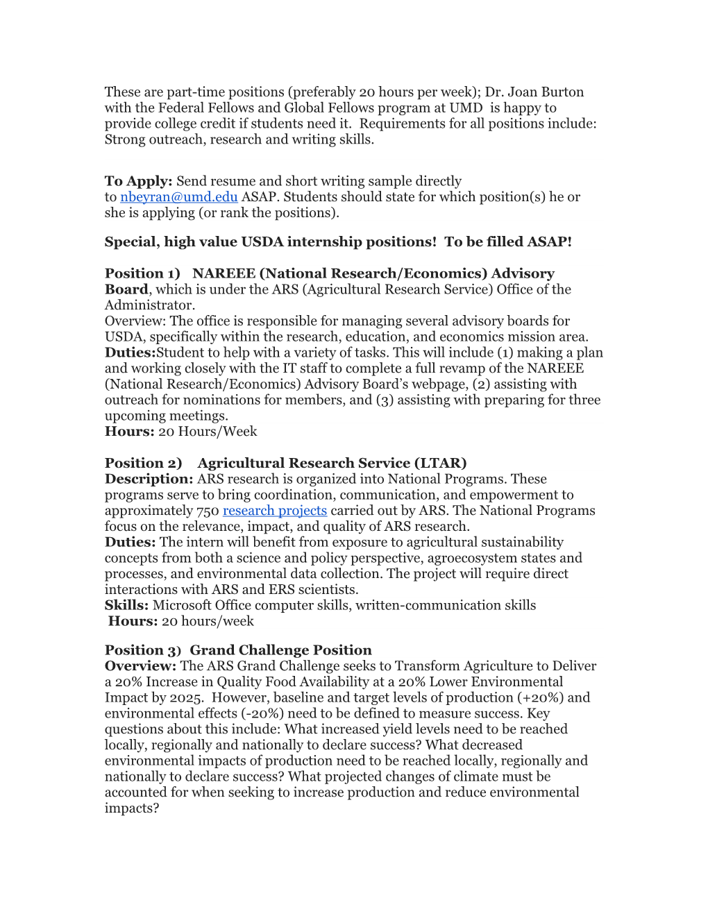 Special, High Value USDA Internship Positions! to Be Filled ASAP!