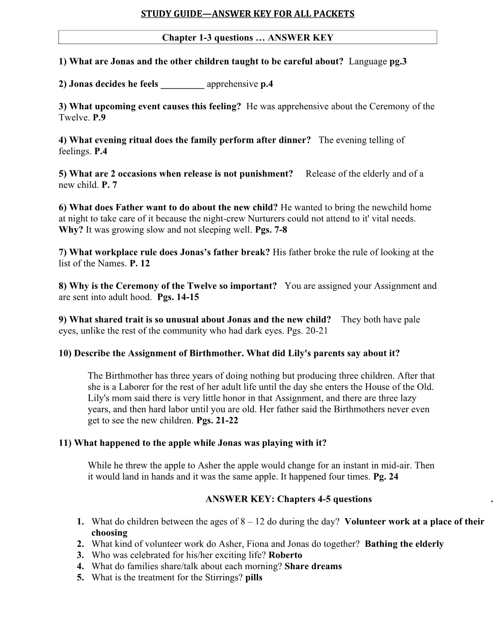 Study Guide Answer Key for All Packets