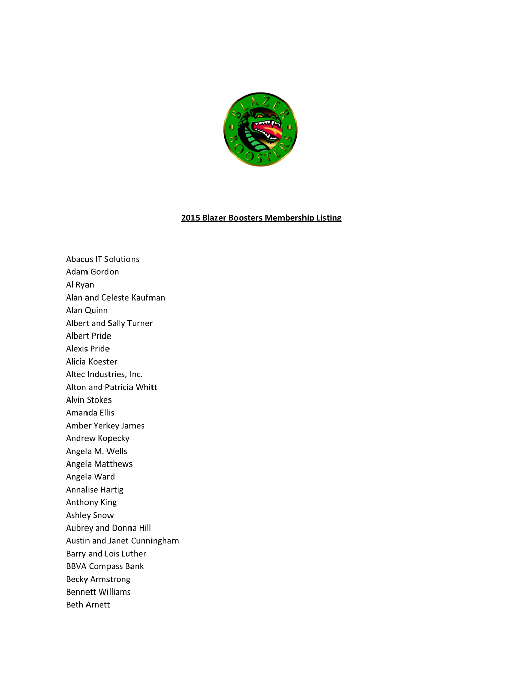 2015 Blazer Boosters Membership Listing