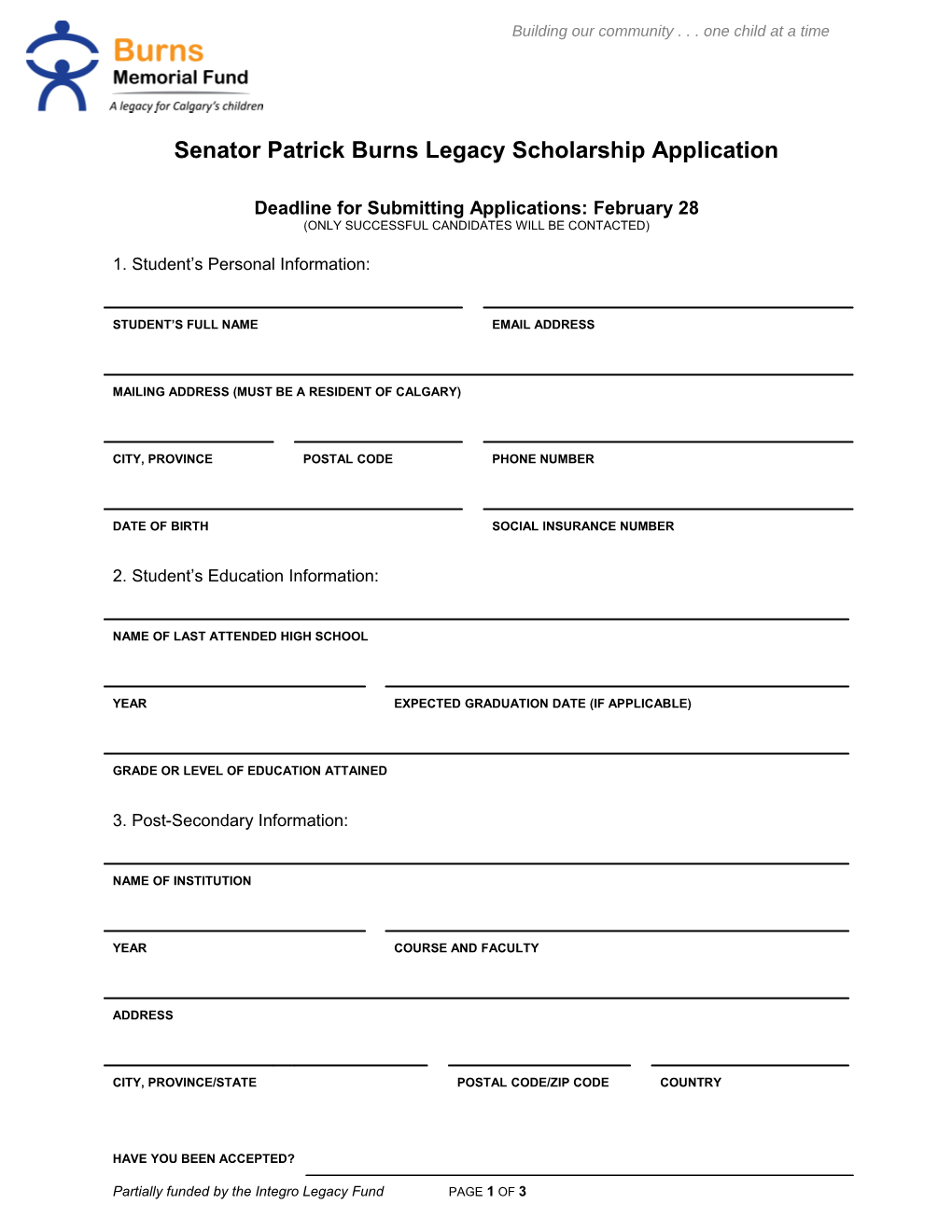 Senator Patrick Burns Legacy Scholarship Application