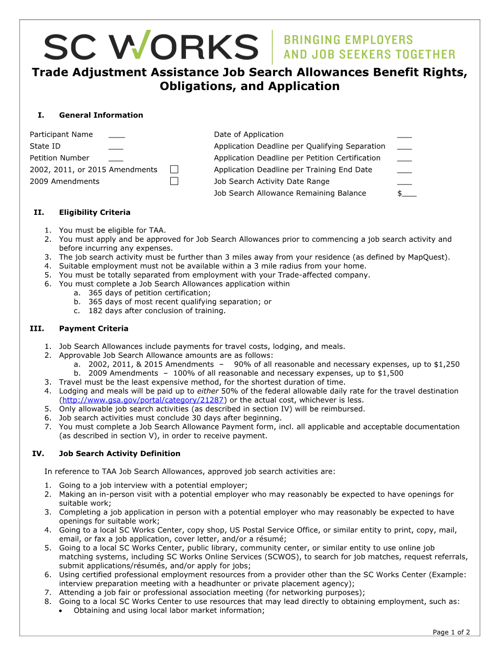 Trade Adjustment Assistance Job Search Allowances Benefit Rights, Obligations, and Application