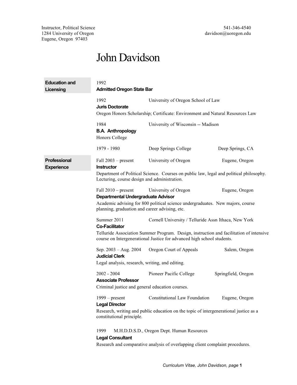 Curriculum Vitae, John Davidson, Page 1