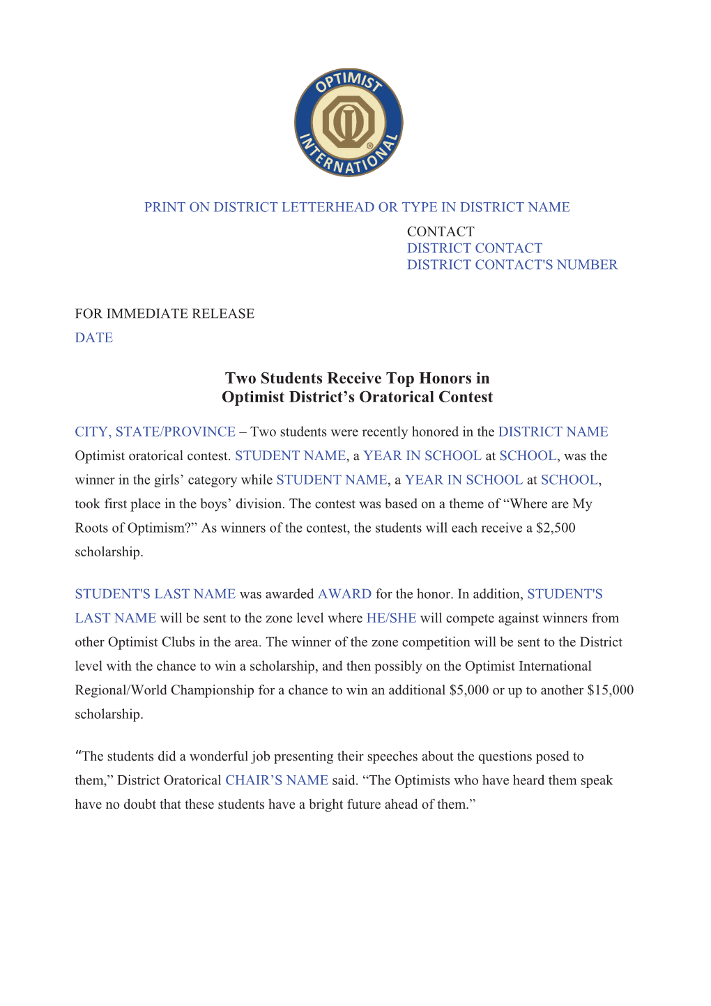 News Release Oratorical District-After