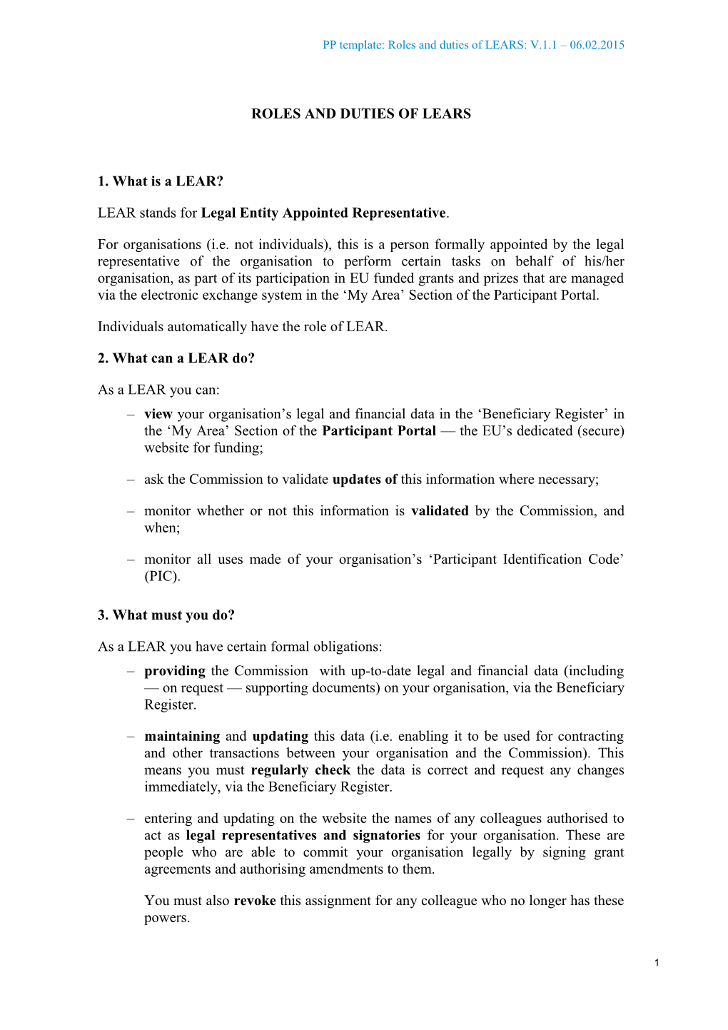 PP Template: Roles and Duties of LEARS: V.1.1 06.02.2015