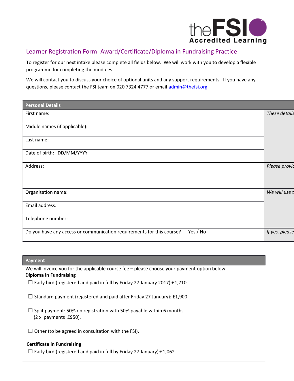 Learner Registration Form: Award/Certificate/Diploma in Fundraising Practice