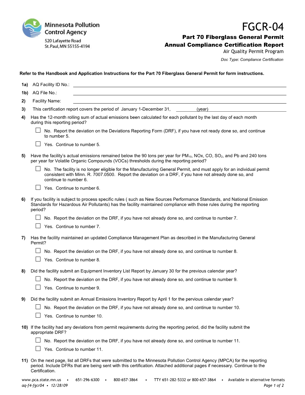 FGCR-04 Part 70 Fiberglass General Permit Annual Compliance Certification Report - Air