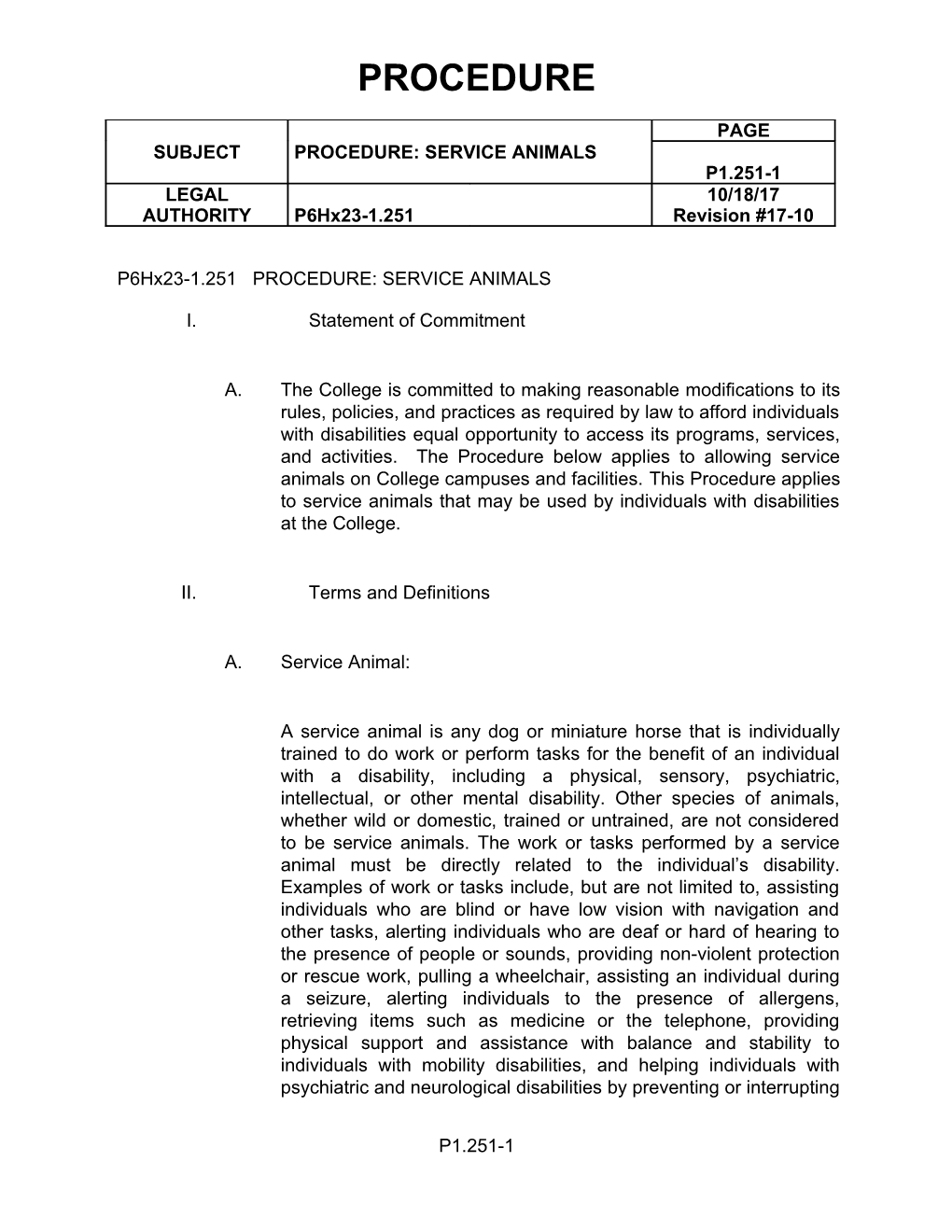 P6hx23-1.251 PROCEDURE: SERVICE ANIMALS