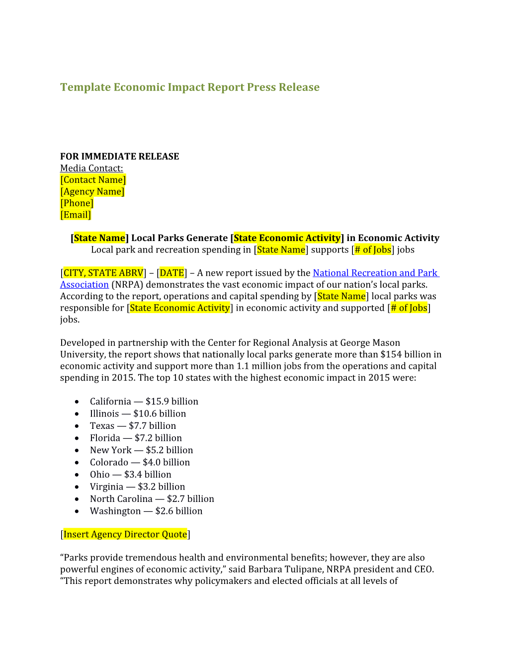 Template Economic Impact Report Press Release