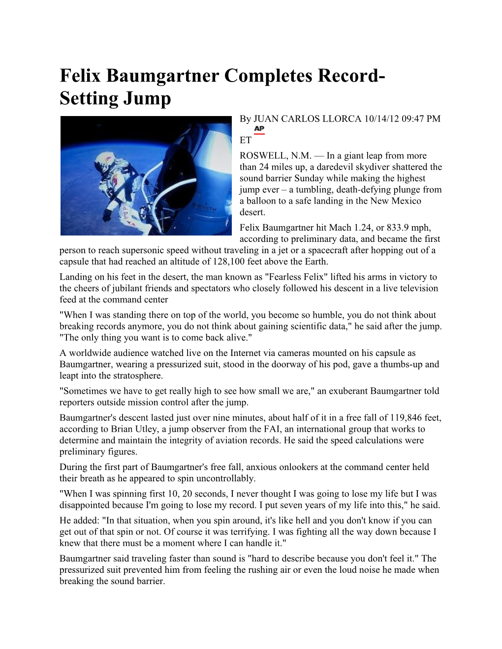 Felix Baumgartner Completes Record-Setting Jump