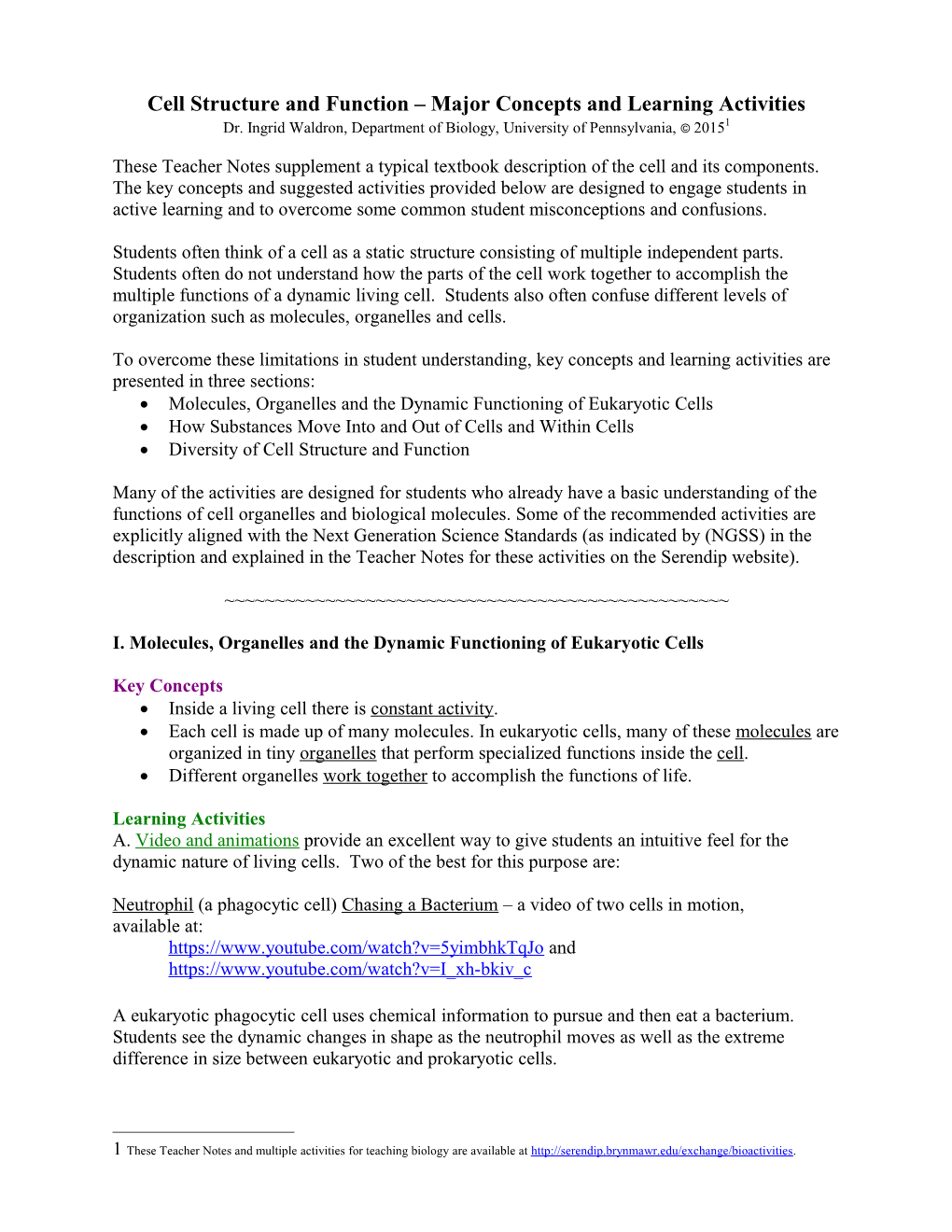 Cell Structure and Function Major Concepts and Learning Activities