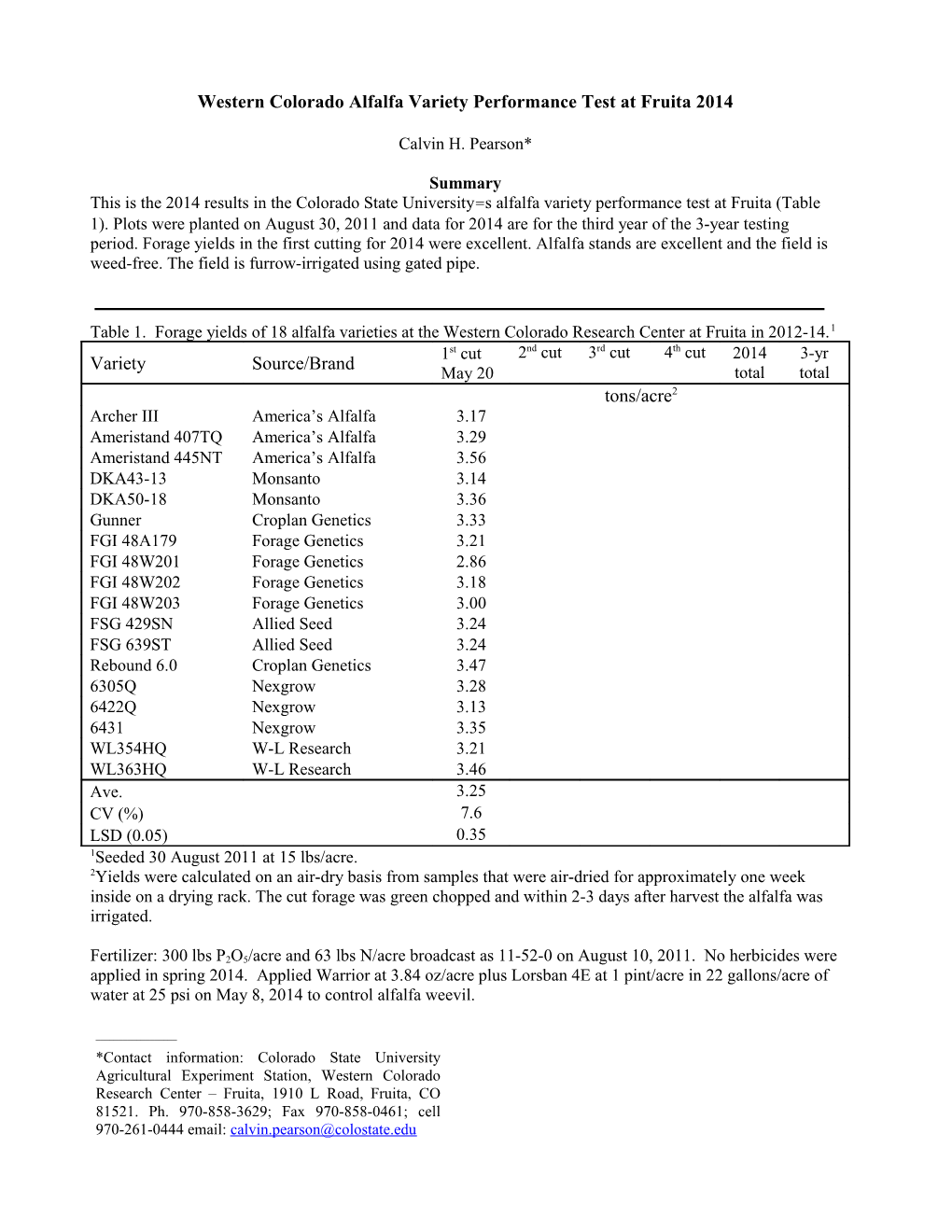 Western Colorado Alfalfa Variety Performance Test at Fruita 2004