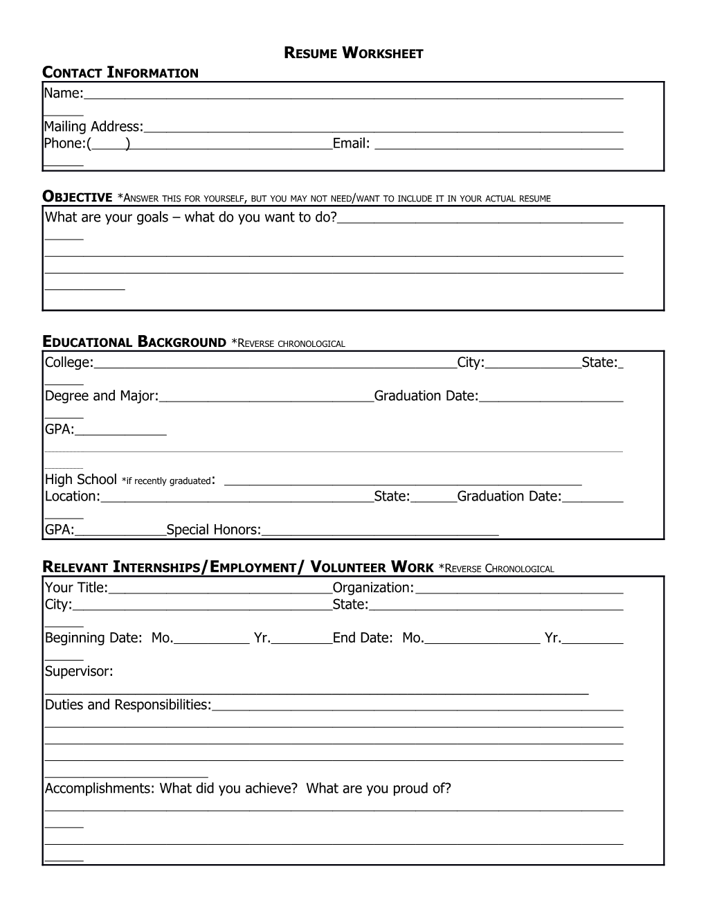Resume Worksheet