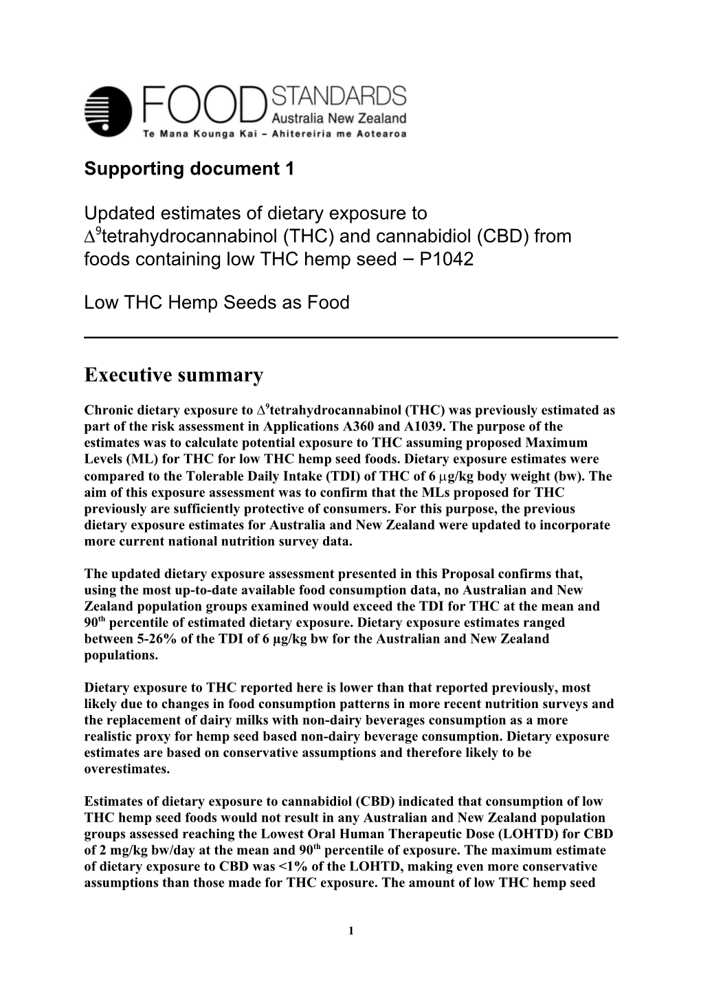 P1042 Low THC Hemp CFS SD1 Dietary Exposure Assess