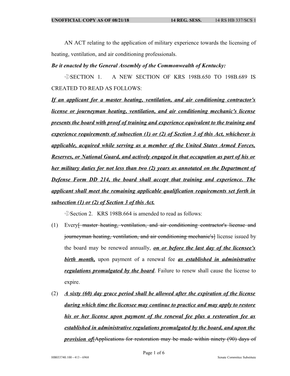 AN ACT Relating to the Application of Military Experience Towards the Licensing of Heating