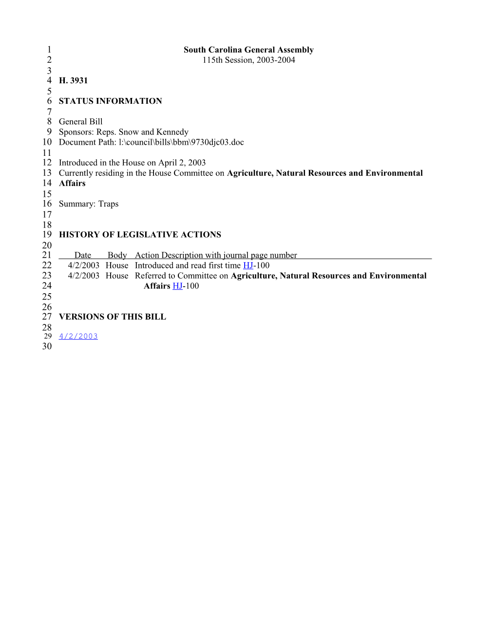 2003-2004 Bill 3931: Traps - South Carolina Legislature Online