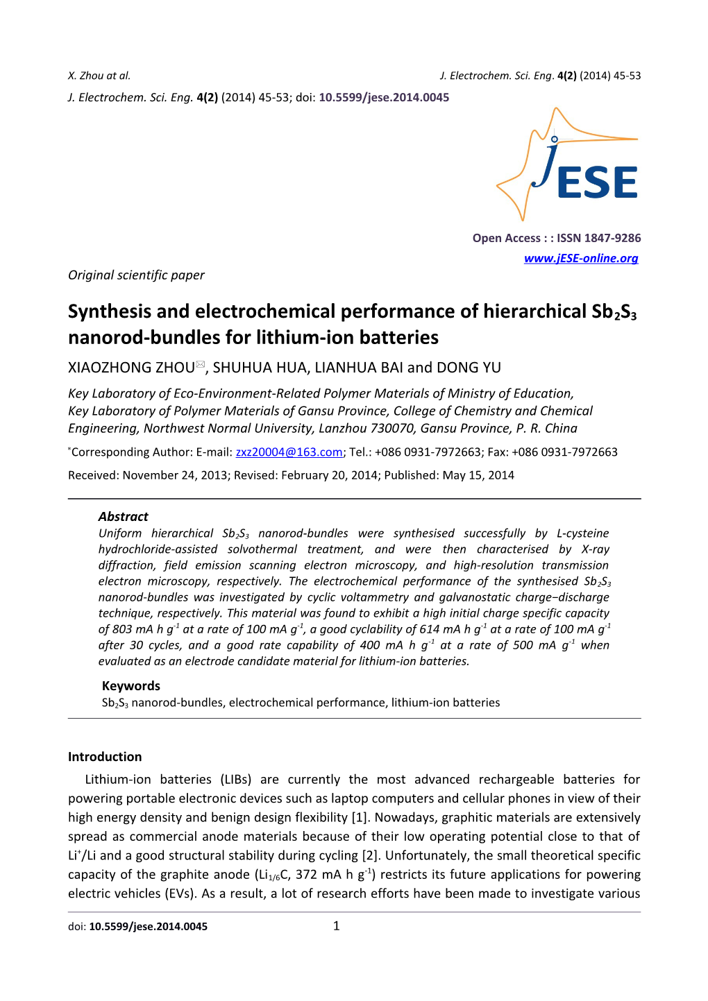 Synthesis and Electrochemical Performance of Hierarchical Sb2s3 Nanorod-Bundles for Lithium-Ion