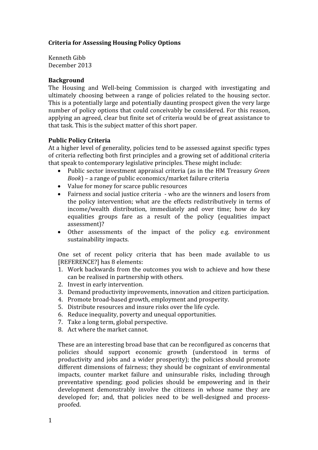 Criteria for Assessing Housing Policy Options