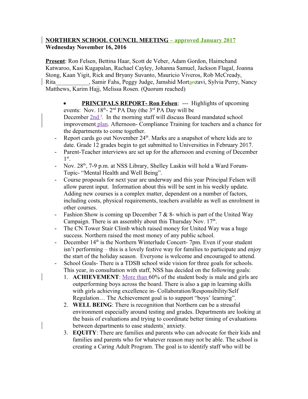 Northern School Council Meeting