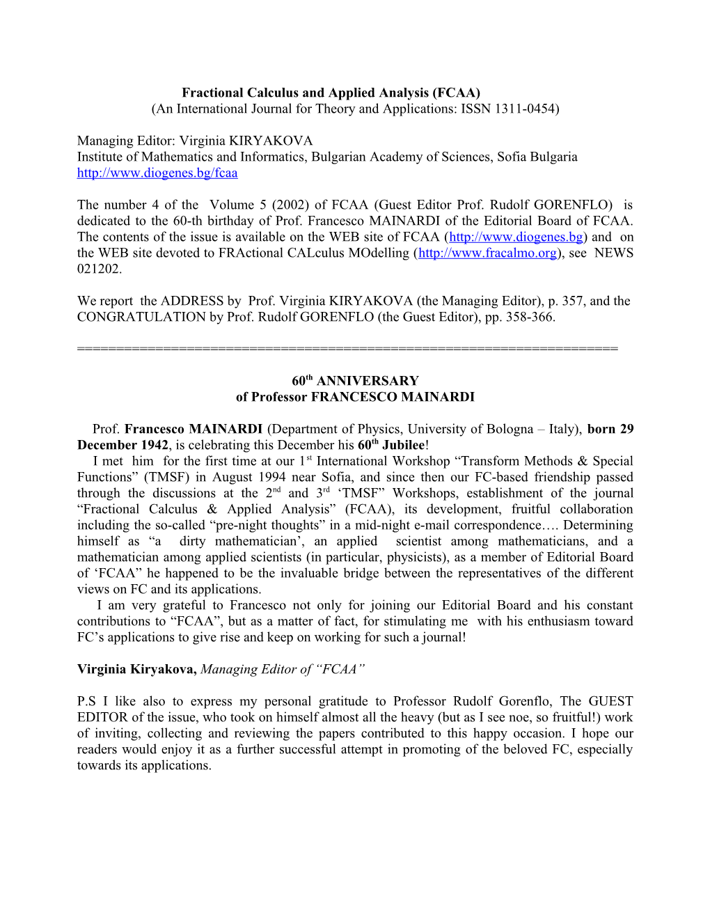 Fractional Calculus and Applied Analysis (FCAA)