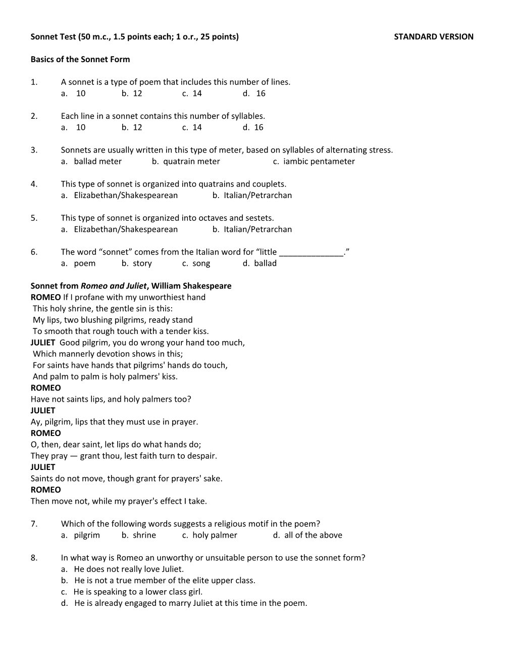 Sonnet Test (50 M.C., 1.5 Points Each; 1 O.R., 25 Points) STANDARD VERSION