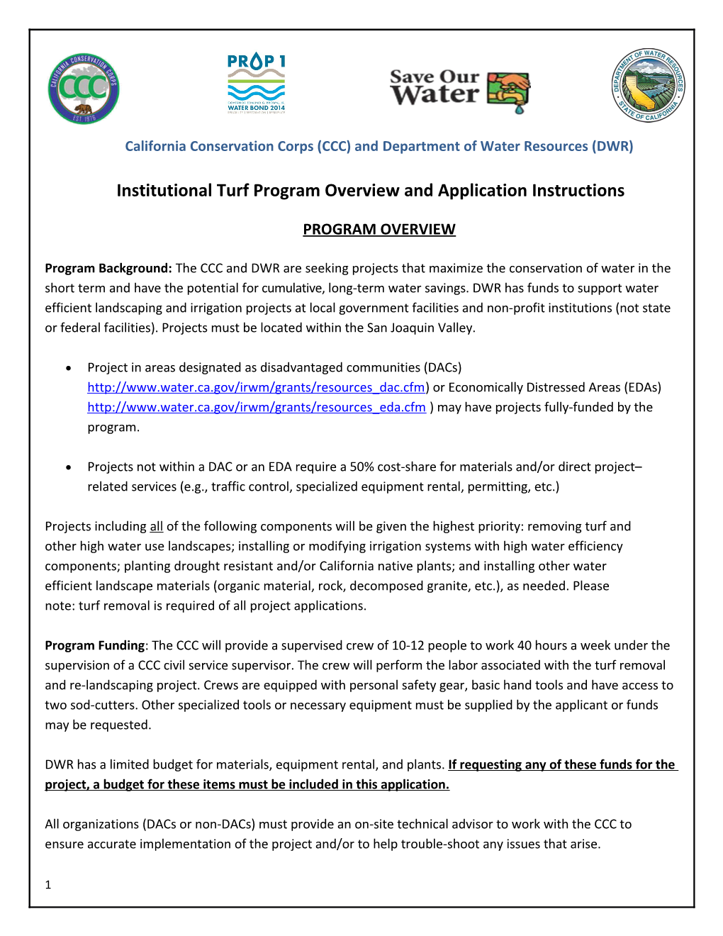 California Conservation Corps (CCC) and Department of Water Resources (DWR) s1