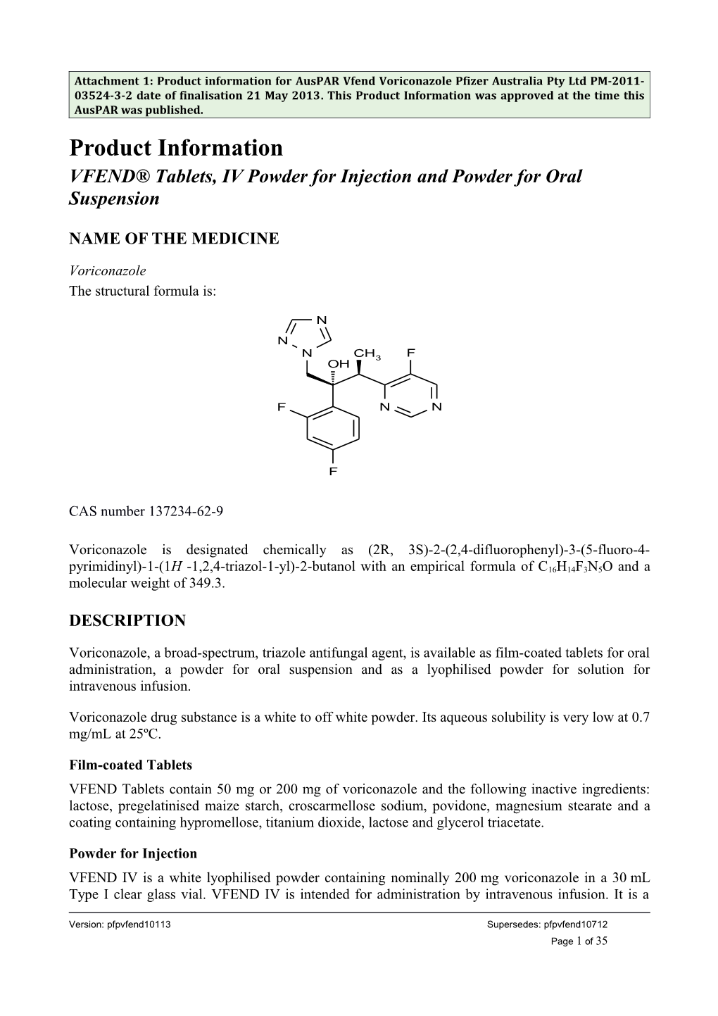 Product Information for Vfend (Voriconazole)