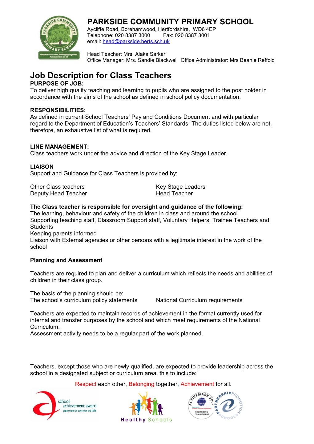 Job Description for Class Teachers
