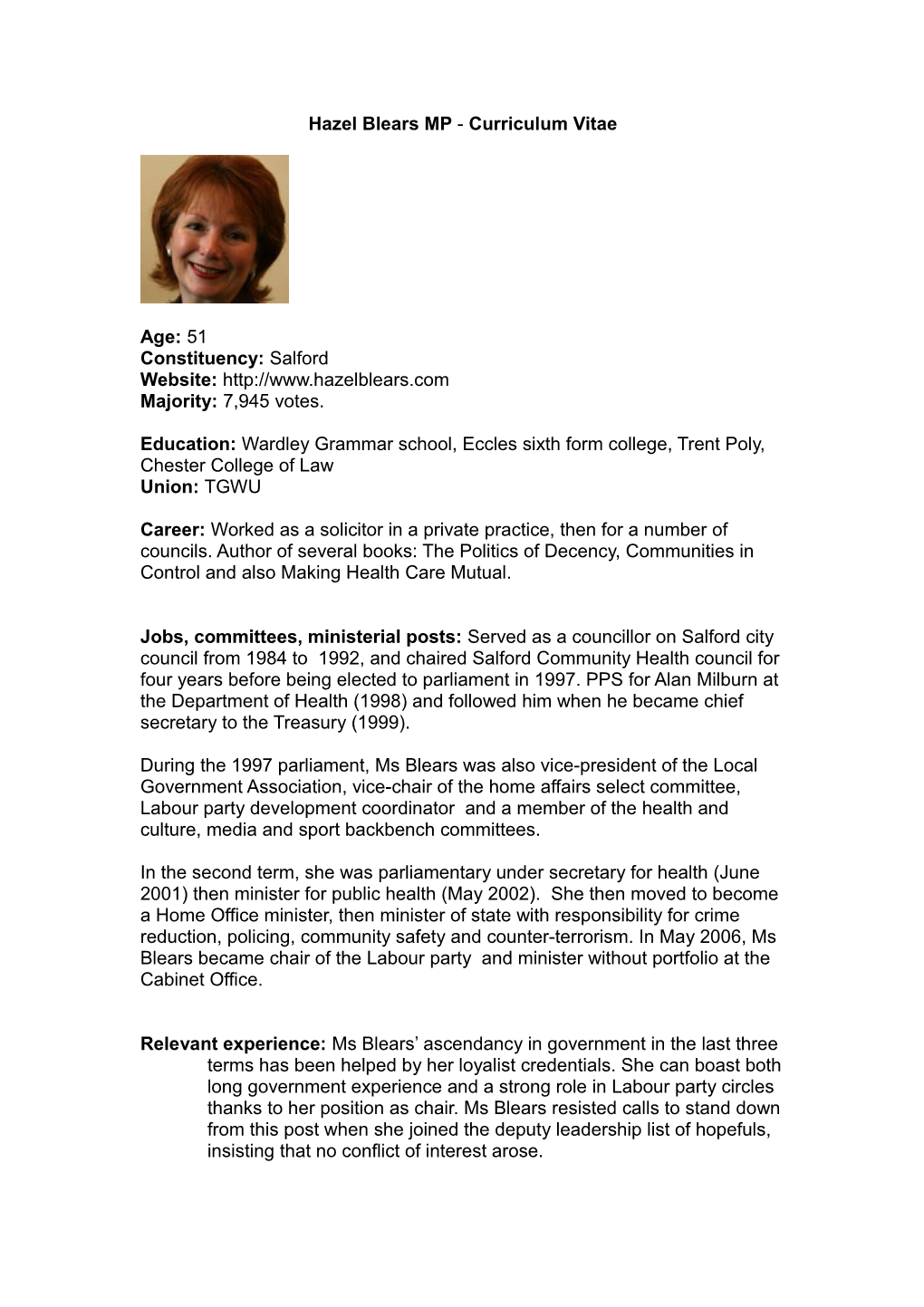 Hazel Blears MP - Curriculum Vitae